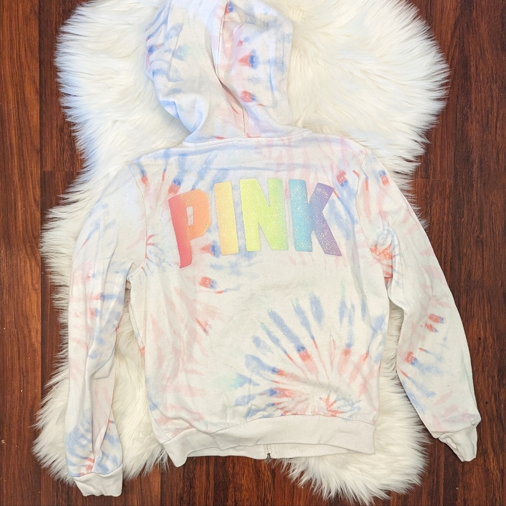 PINK Victoria's Secret Rainbow Glitter Print Tie Dye Hoodie - Picture 1 of 2